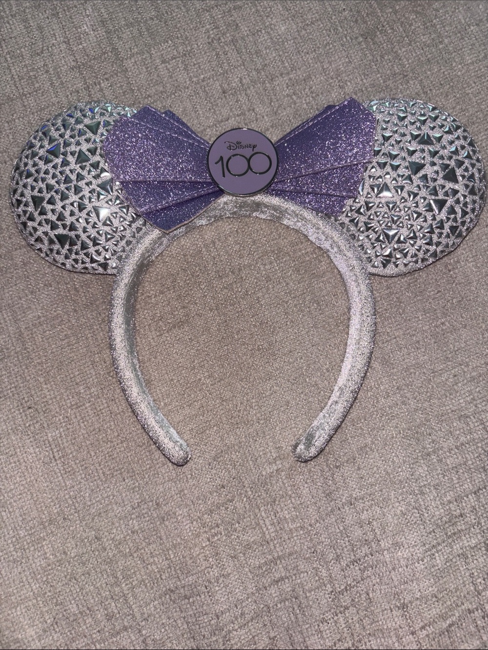 Disney Silver Sequin Minnie Ears with Purple Glitter Bow